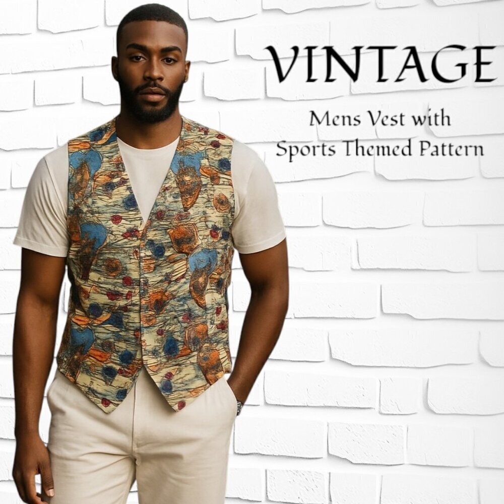 VINTAGE MENS VEST WITH SPORTS THEMED PATTERN - L